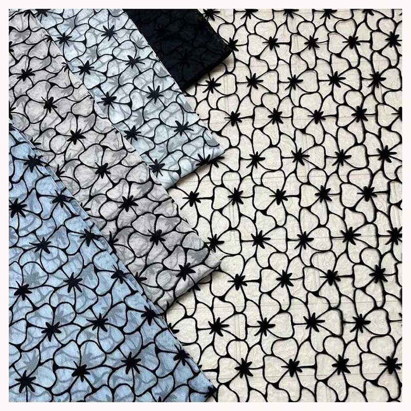 DX163 100% Polyester Black Tulle Mesh Lace Fabric with Flocking Velvet
