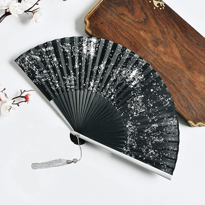 Chinese Folding Bamboo Silk Hand Fans with Sprinkling Gold, Small Handheld Foldable Fan for Decoration, Wedding
