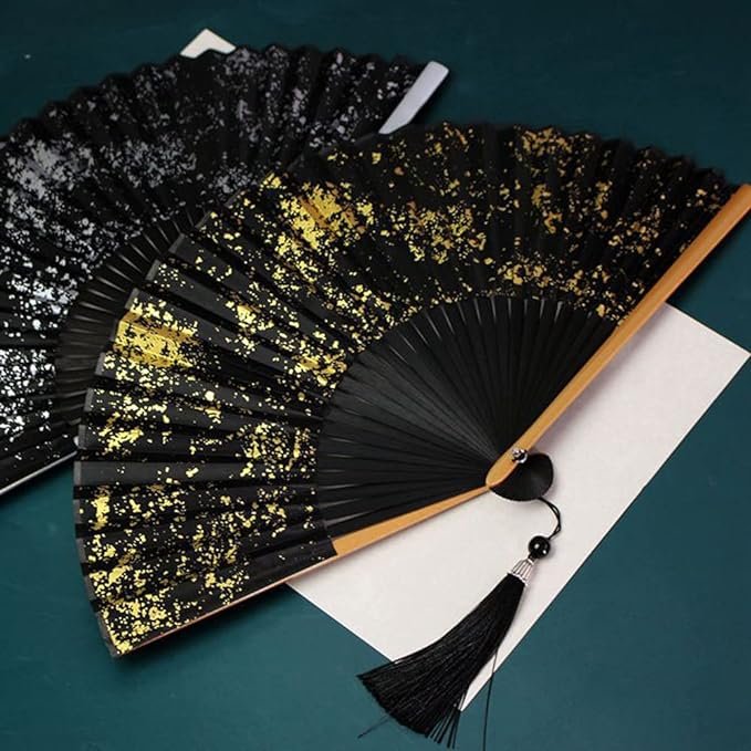 Chinese Folding Bamboo Silk Hand Fans with Sprinkling Gold, Small Handheld Foldable Fan for Decoration, Wedding