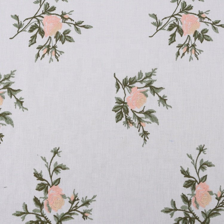 HA-15164F Best sale cotton linen pink flower pattern embroidery fabric for women clothing