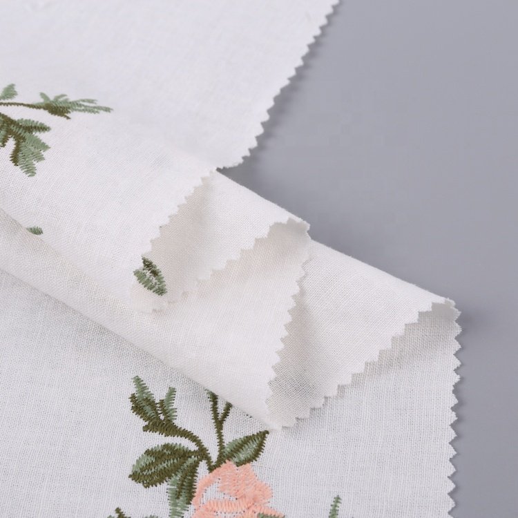 HA-15164F Best sale cotton linen pink flower pattern embroidery fabric for women clothing