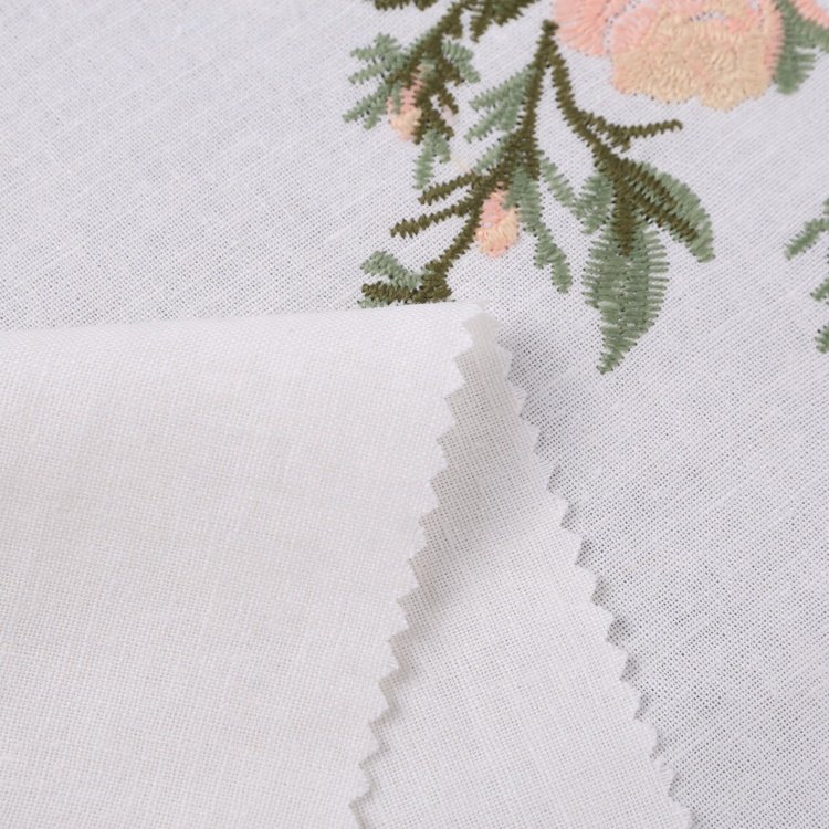 HA-15164F Best sale cotton linen pink flower pattern embroidery fabric for women clothing