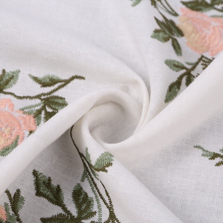 HA-15164F Best sale cotton linen pink flower pattern embroidery fabric for women clothing
