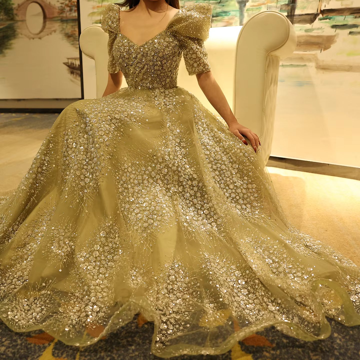 Glitter Lime Green Evening Dress For Women Wedding Engagement Arabic Women Formal Party Gowns Sz155
