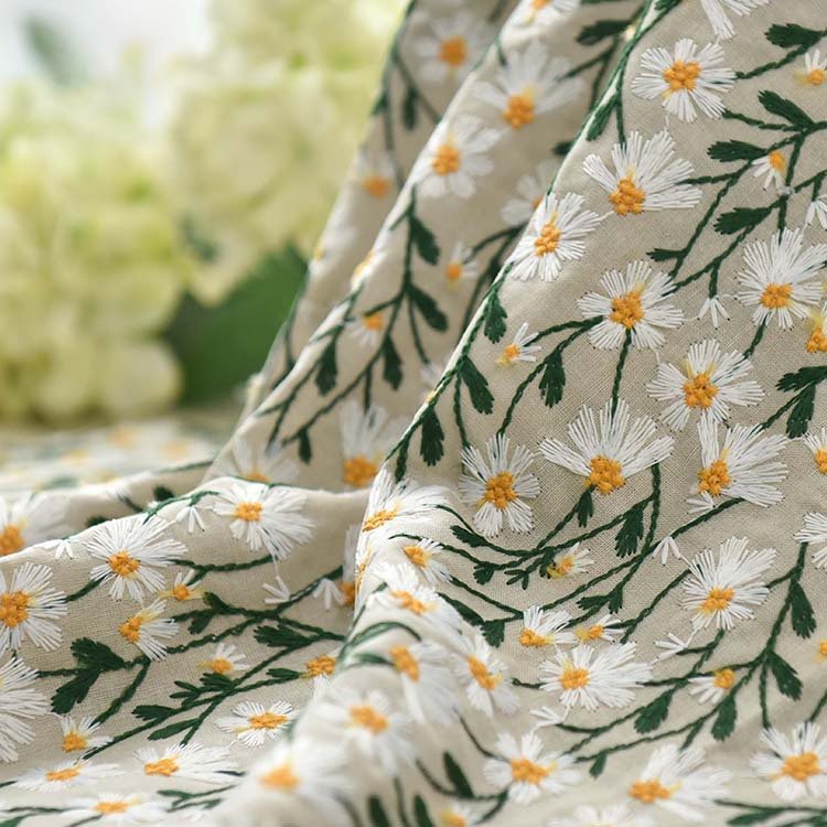 Width 120 cm Colorful handmade daisy plant flowers plain embroidery fabric Cotton Linen Rayon Fabric for cheongsam dress bag