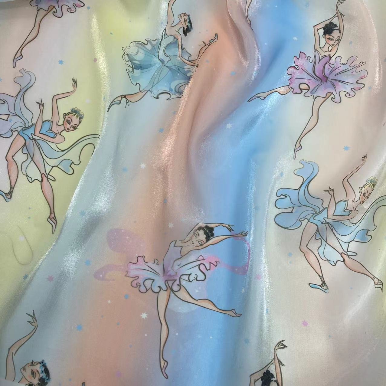 New arrival ombre base the girl dancing ballet design pattern digital printing liquid organza fabric for little girl dress