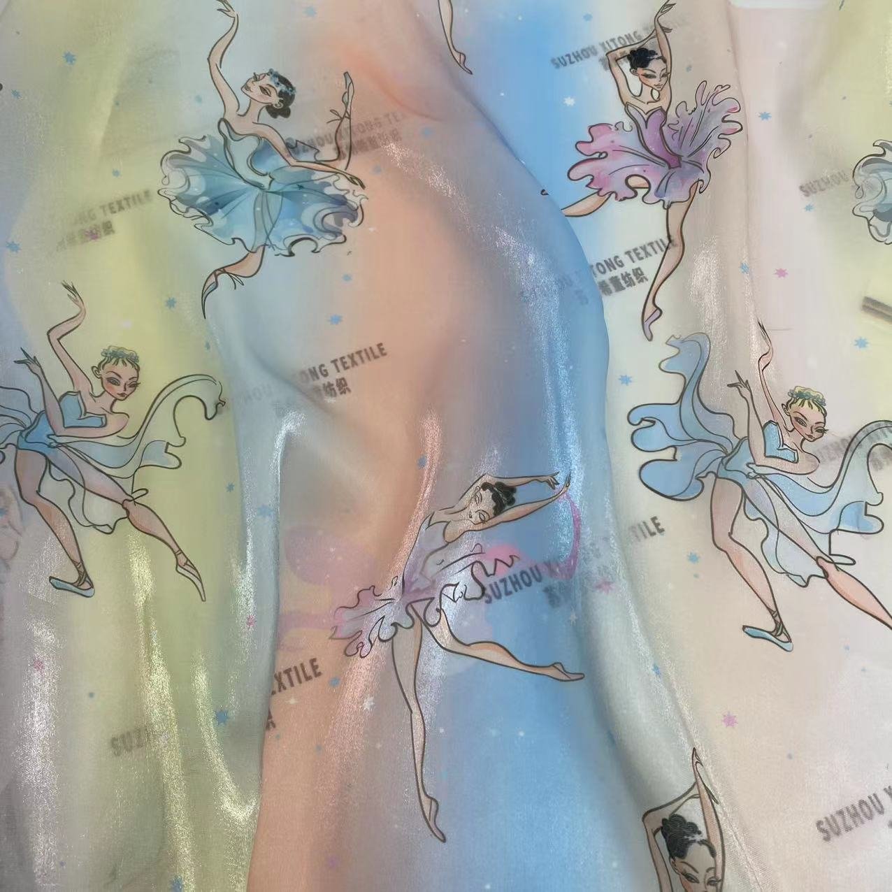 New arrival ombre base the girl dancing ballet design pattern digital printing liquid organza fabric for little girl dress