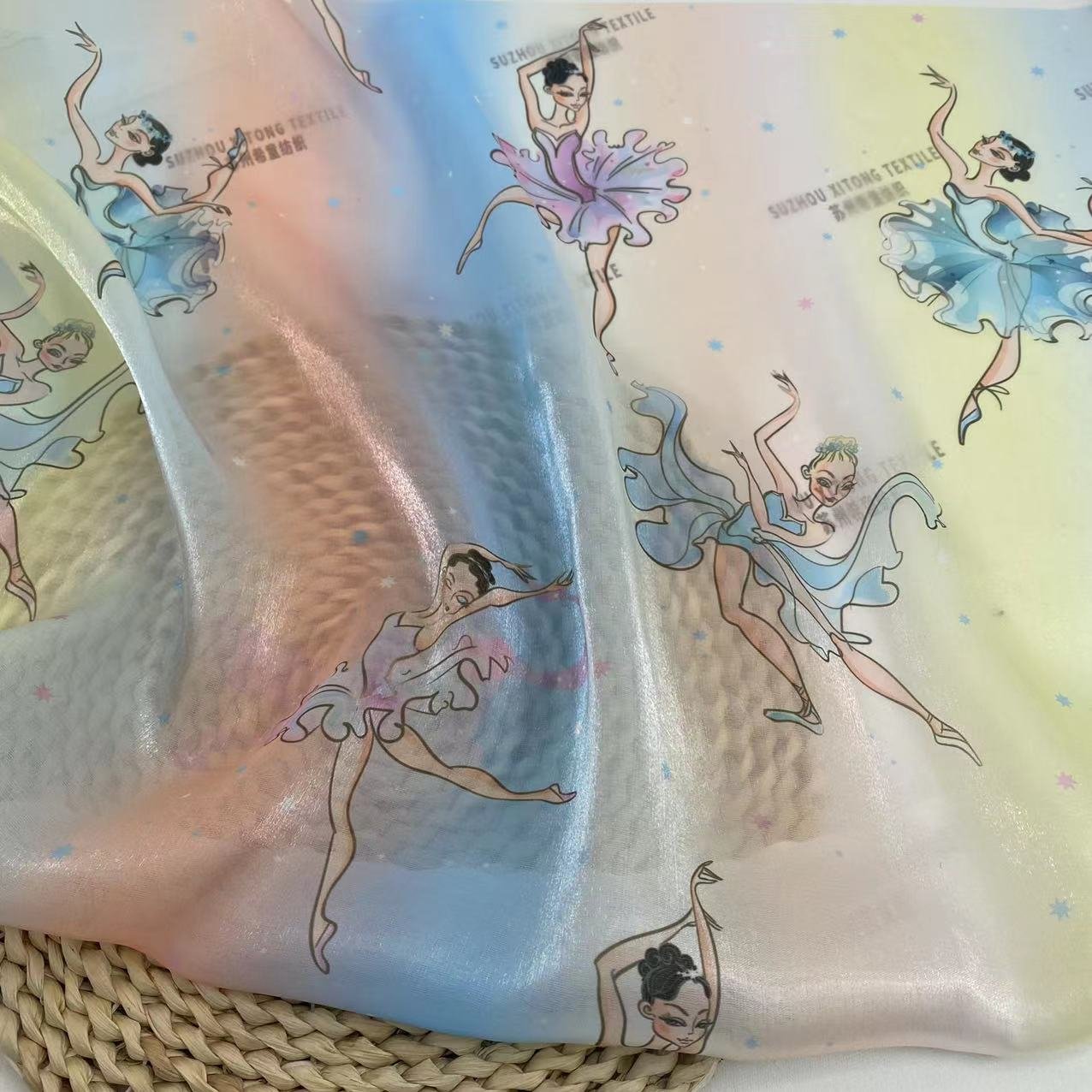 New arrival ombre base the girl dancing ballet design pattern digital printing liquid organza fabric for little girl dress