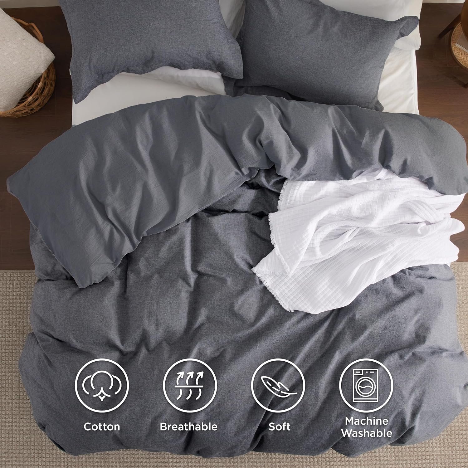 Duvet Cover California King Size - 100% Washed Cotton Durable Soft Comfy Duvet