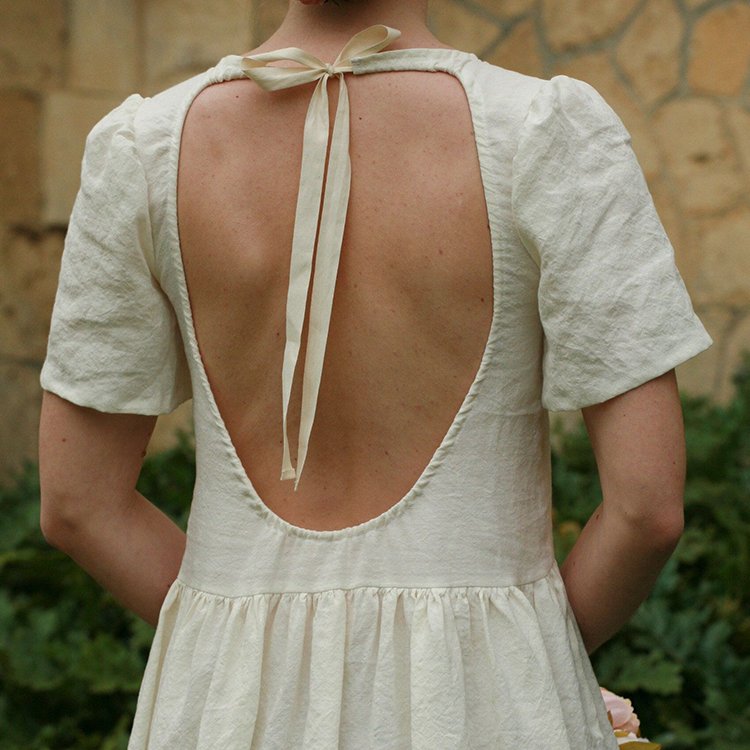 Romantic Elegant Wedding Party Backless Short Sleeve O-Neck Ladies Linen Design Dress 100% Linen Fabric For Dress