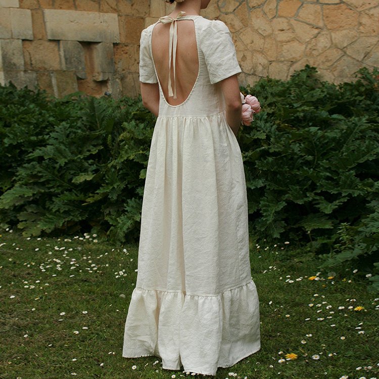 Romantic Elegant Wedding Party Backless Short Sleeve O-Neck Ladies Linen Design Dress 100% Linen Fabric For Dress