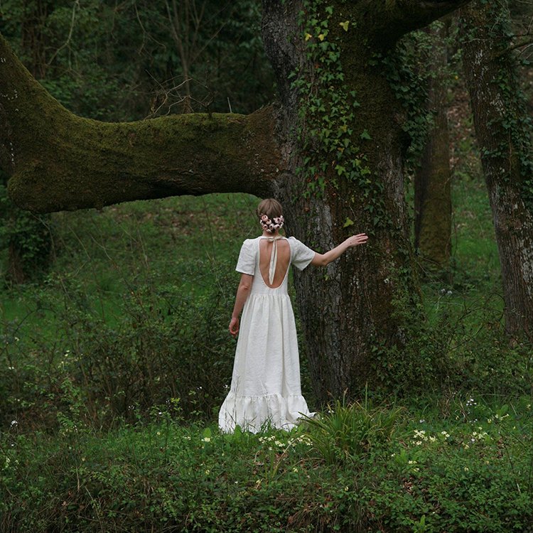 Romantic Elegant Wedding Party Backless Short Sleeve O-Neck Ladies Linen Design Dress 100% Linen Fabric For Dress