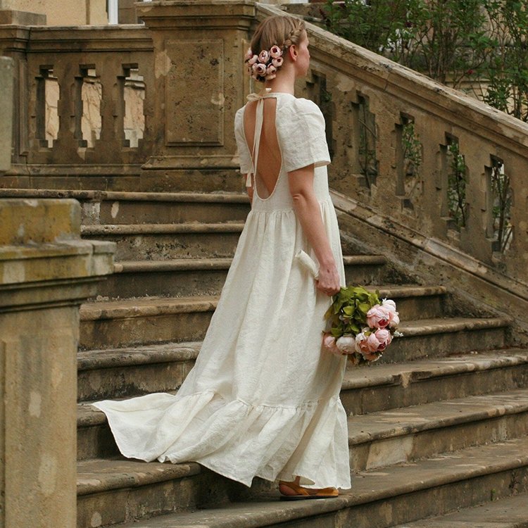 Romantic Elegant Wedding Party Backless Short Sleeve O-Neck Ladies Linen Design Dress 100% Linen Fabric For Dress