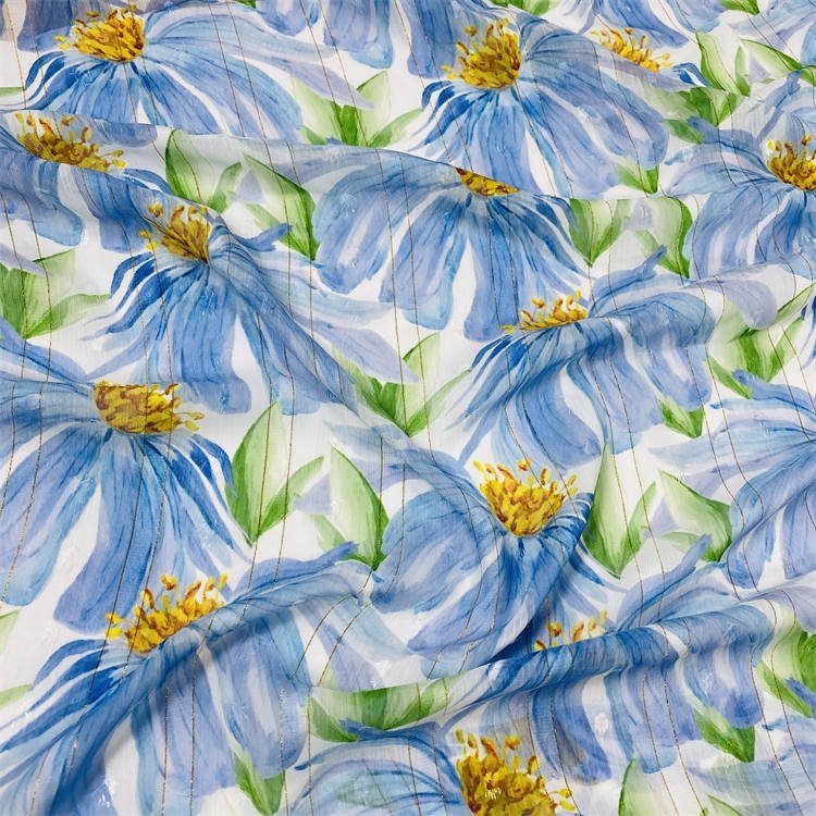 high end fabric supplier metallic stripe chiffon fabric printing for lady's dress and garments