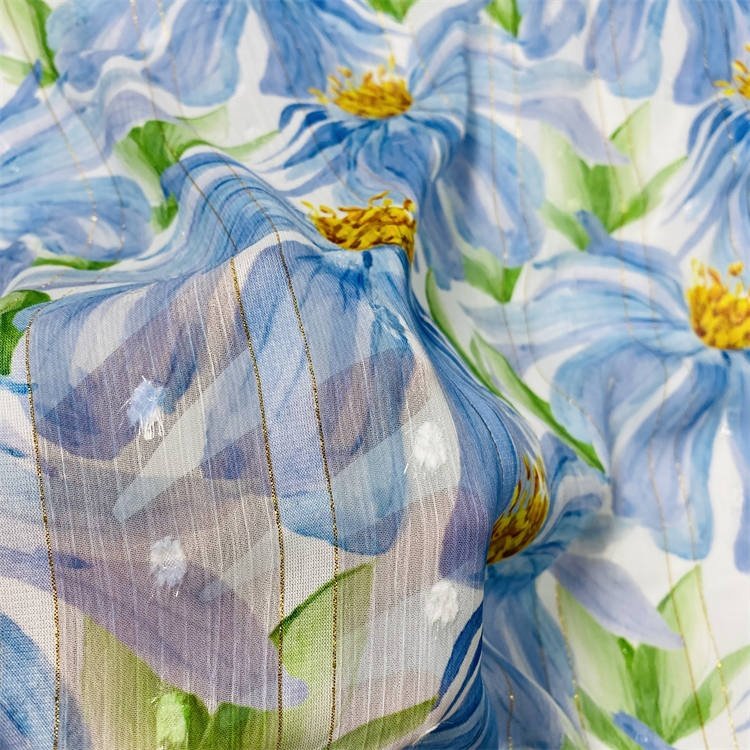 high end fabric supplier metallic stripe chiffon fabric printing for lady's dress and garments