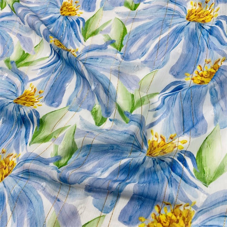 high end fabric supplier metallic stripe chiffon fabric printing for lady's dress and garments