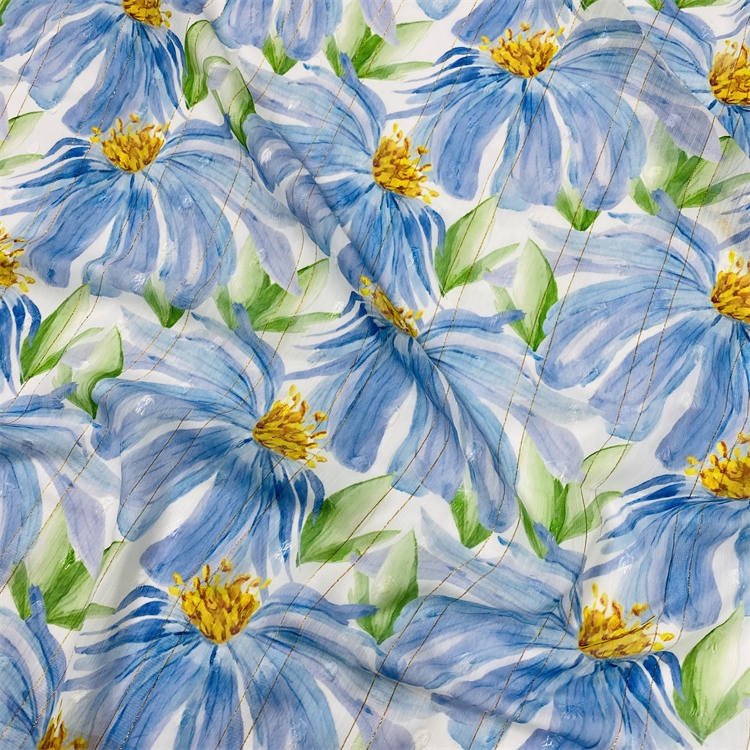 high end fabric supplier metallic stripe chiffon fabric printing for lady's dress and garments