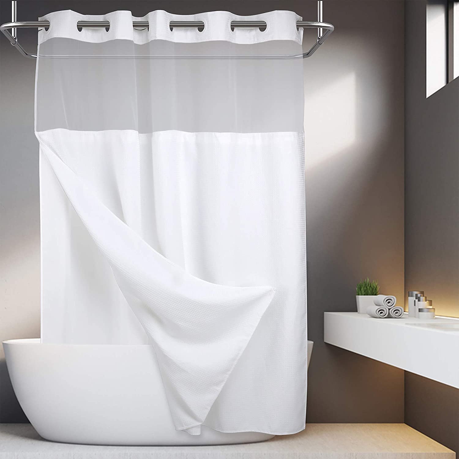 Customized Size Polyester White Waterproof Shower Curtain Waffle Weave Fabric Shower Curtains No Hooks Needed