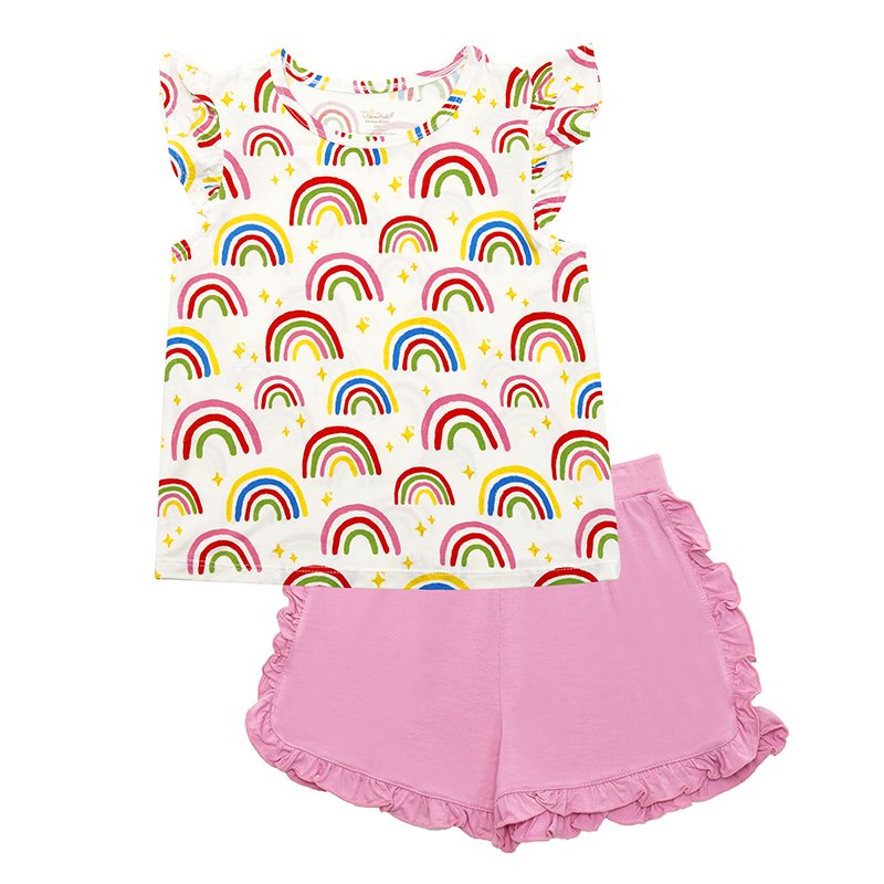 Children's Clothing Girl Wholesale Customized Print Two Pieces Sleeveless Organic Bamboo Cotton Ruffle Children Clothing Set