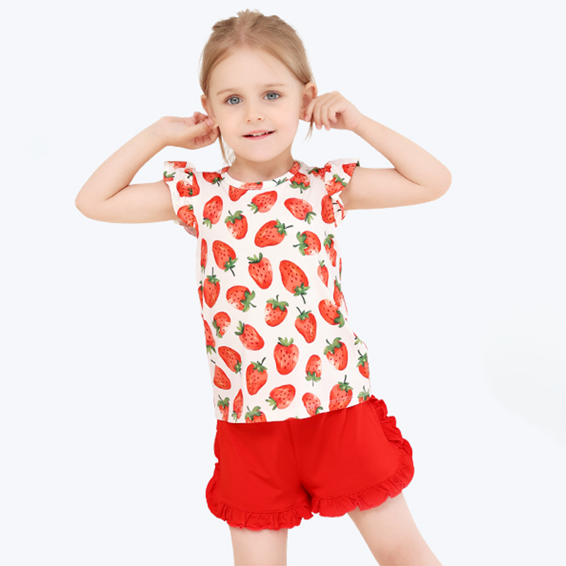 Children's Clothing Girl Wholesale Customized Print Two Pieces Sleeveless Organic Bamboo Cotton Ruffle Children Clothing Set