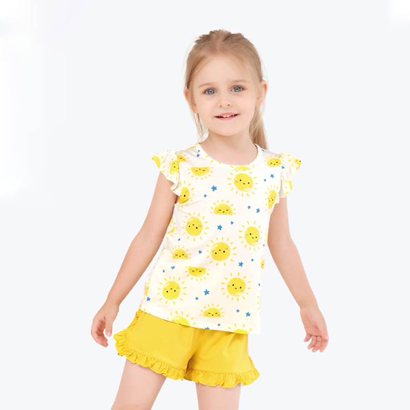 Children's Clothing Girl Wholesale Customized Print Two Pieces Sleeveless Organic Bamboo Cotton Ruffle Children Clothing Set