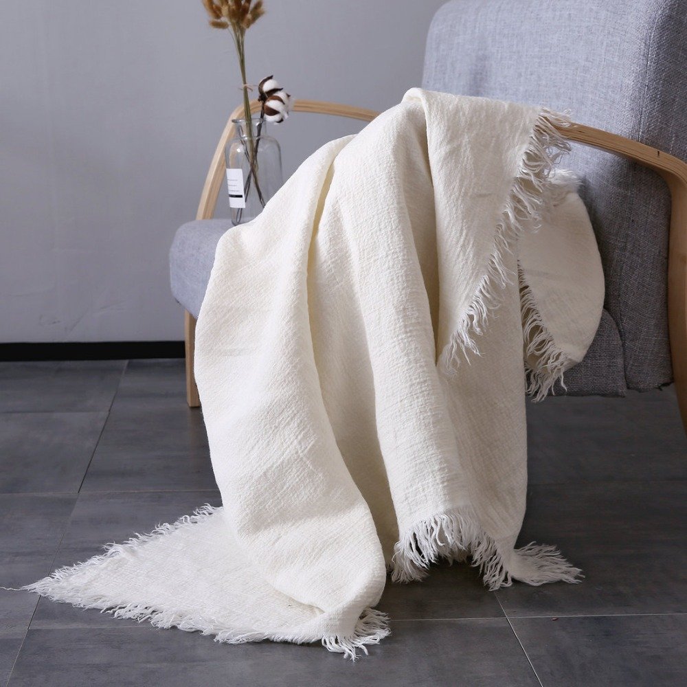 Ivory fringed Flax Linen Blanket Heavy Linen fabric made customer size