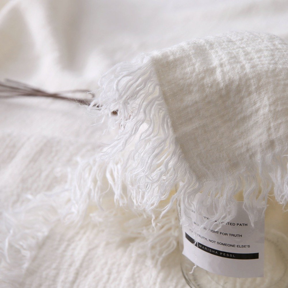 Ivory fringed Flax Linen Blanket Heavy Linen fabric made customer size