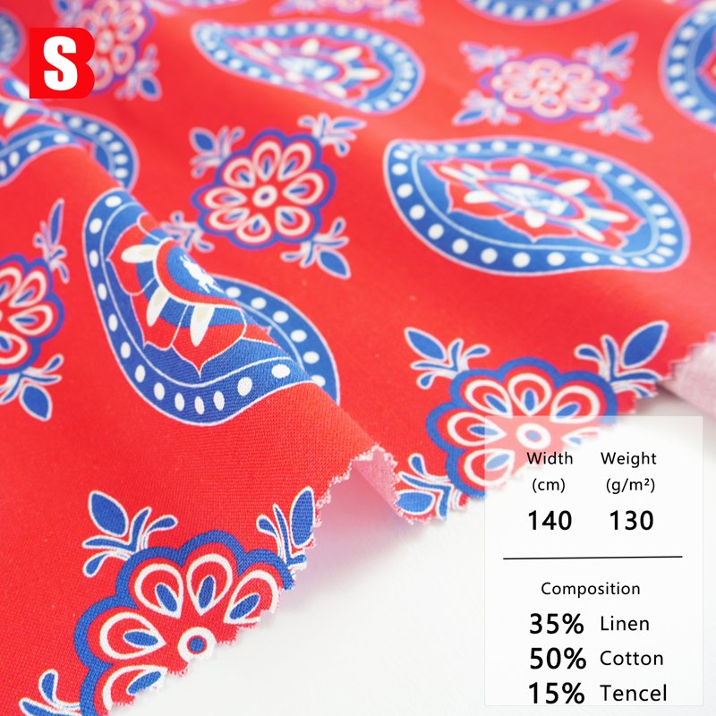 130gsm Eco-friendly Women's Dress 35% Linen 50% Cotton 15% Lyocell With Colorful Pattern Printed for Home Textile and Shirts