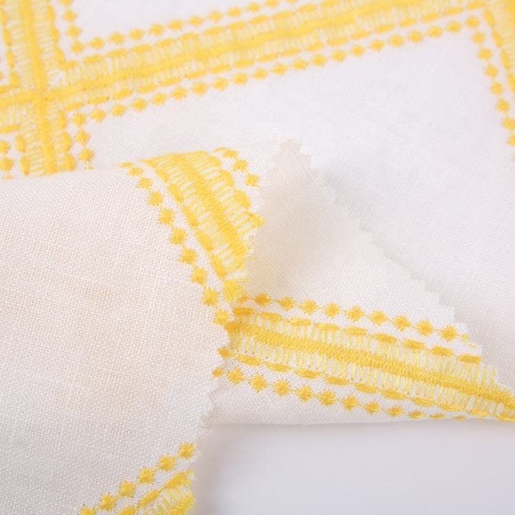 HA-17542 Hot sale yellow brown stripe 100 linen fabric wholesale with all over embroidery for women dress