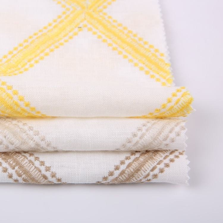 HA-17542 Hot sale yellow brown stripe 100 linen fabric wholesale with all over embroidery for women dress