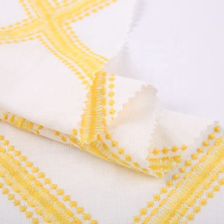 HA-17542 Hot sale yellow brown stripe 100 linen fabric wholesale with all over embroidery for women dress