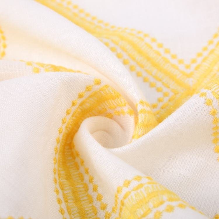 HA-17542 Hot sale yellow brown stripe 100 linen fabric wholesale with all over embroidery for women dress
