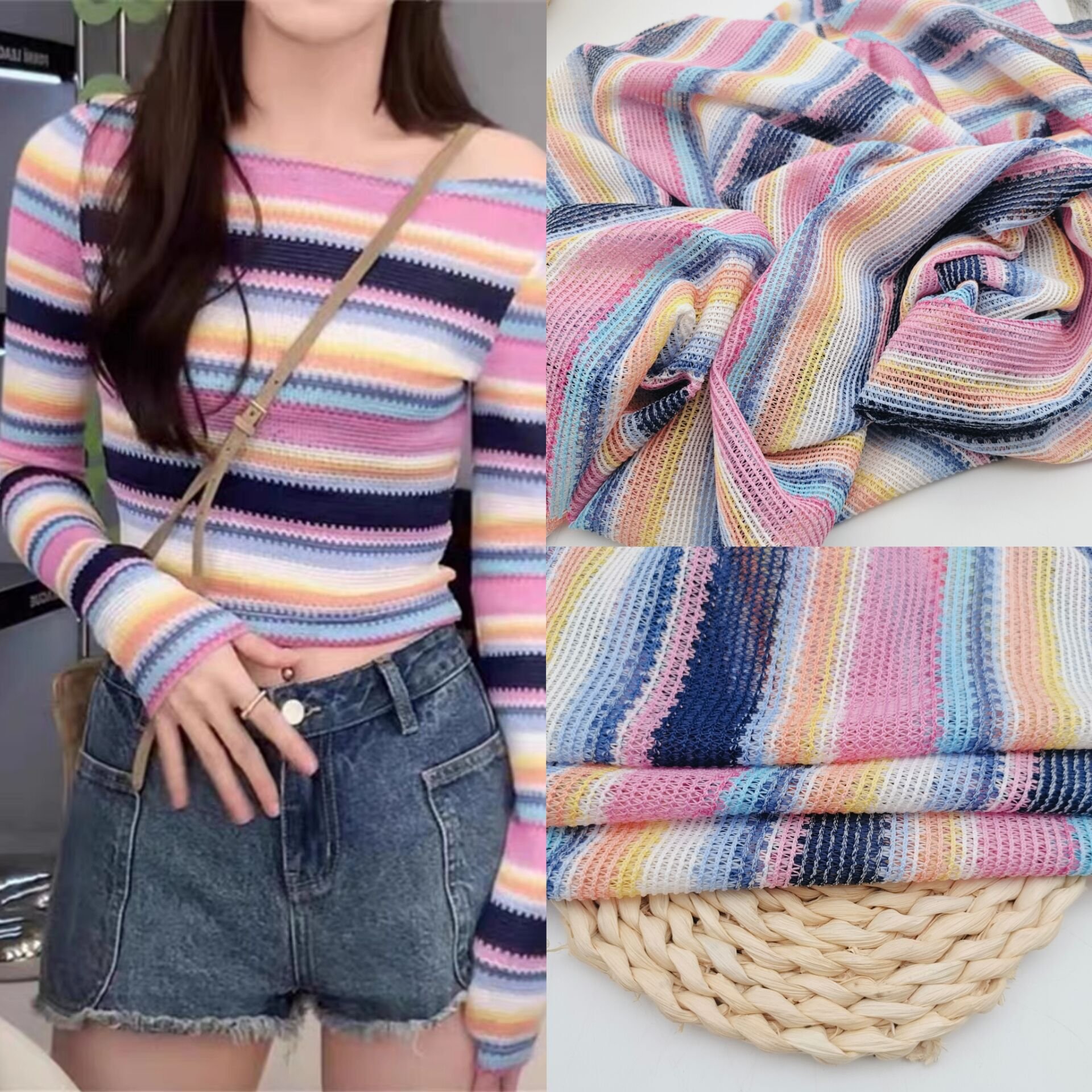 Eco-friendly New design Colorful Fashion Knitted Warp Tricot Knit Crochet Net Fabric Crochet Knit Rainbow Crochets Jacquard Fabric