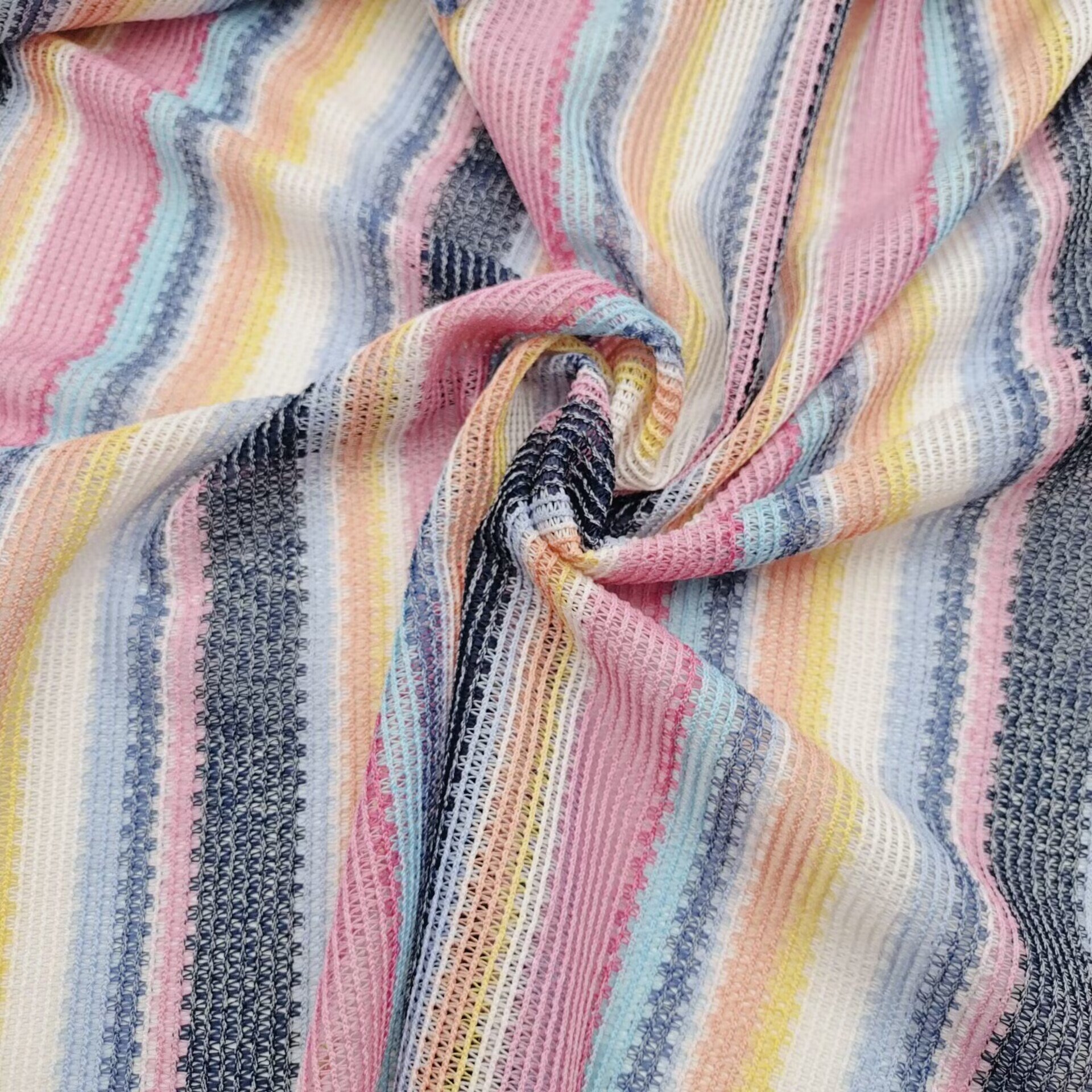 Eco-friendly New design Colorful Fashion Knitted Warp Tricot Knit Crochet Net Fabric Crochet Knit Rainbow Crochets Jacquard Fabric