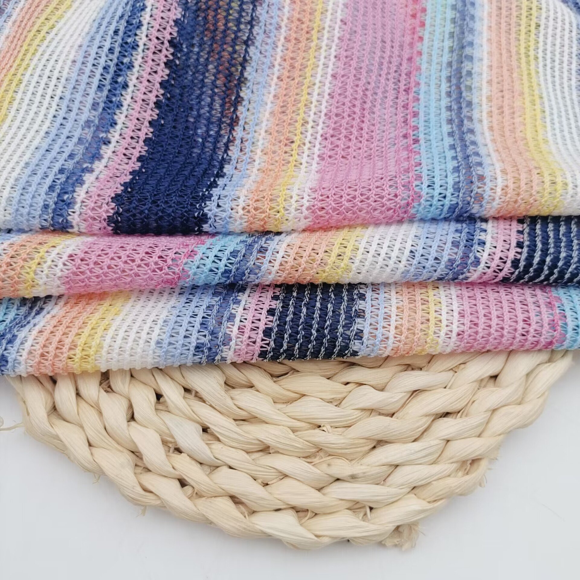 Eco-friendly New design Colorful Fashion Knitted Warp Tricot Knit Crochet Net Fabric Crochet Knit Rainbow Crochets Jacquard Fabric