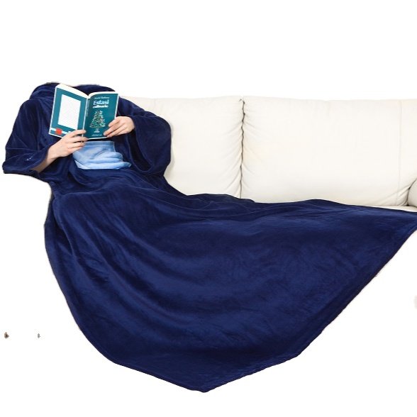 Cozy 100% Polyester Fleece TV Blanket with Sleeves High Quality Knitted Kangaroo Blue Design Wearable Gift Box Packed Wholesale