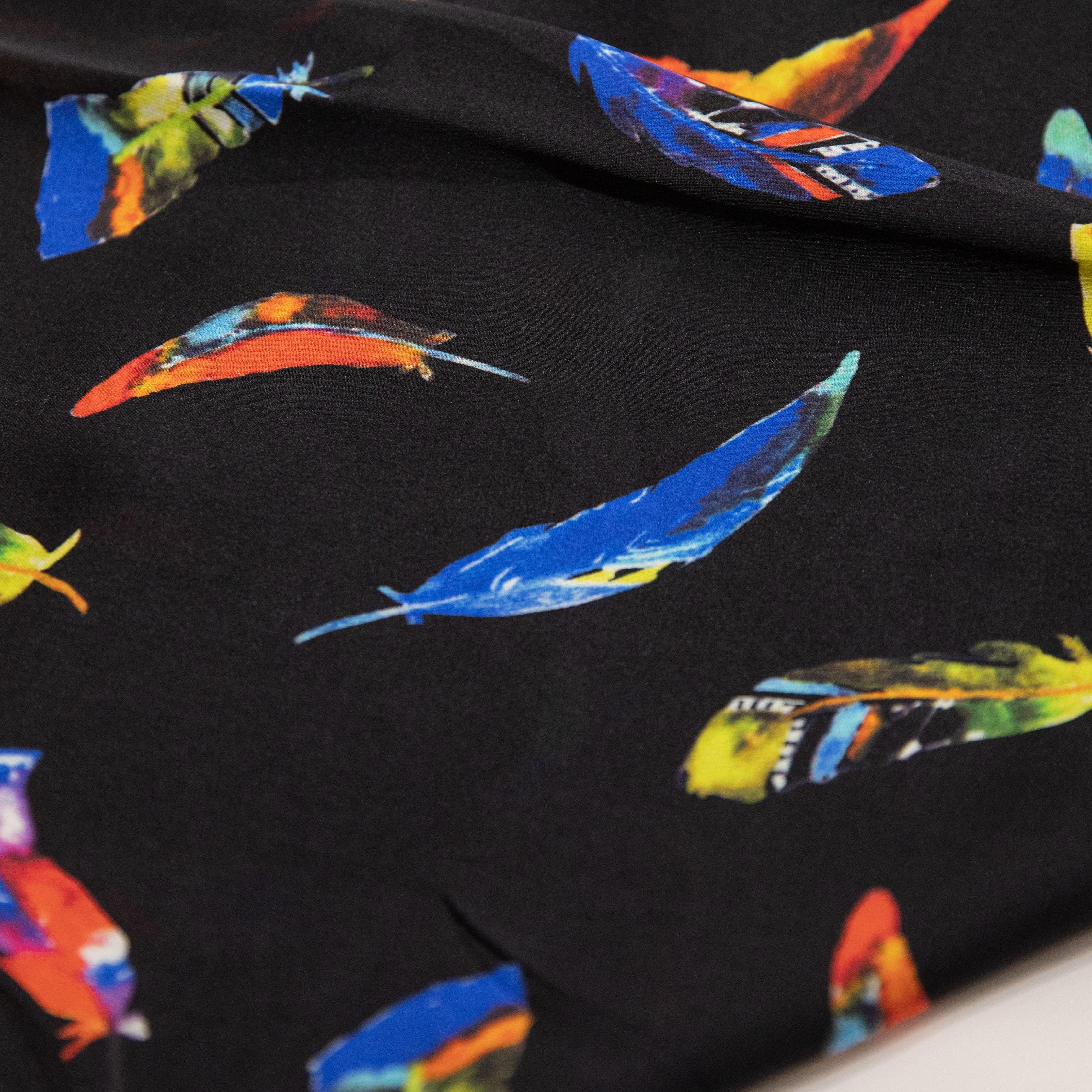 Factory Direct Sales 100% Silk Colorful Feather Printed Dress Shorts Black Fabric Production