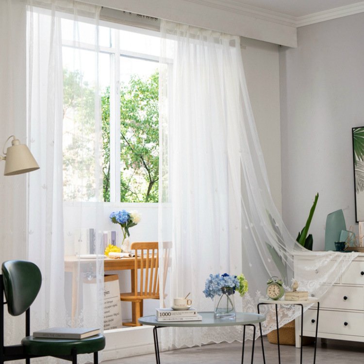 Nordic simple embroidery white yarn European embroidery curtain lace transparent curtain solid color bedroom living room