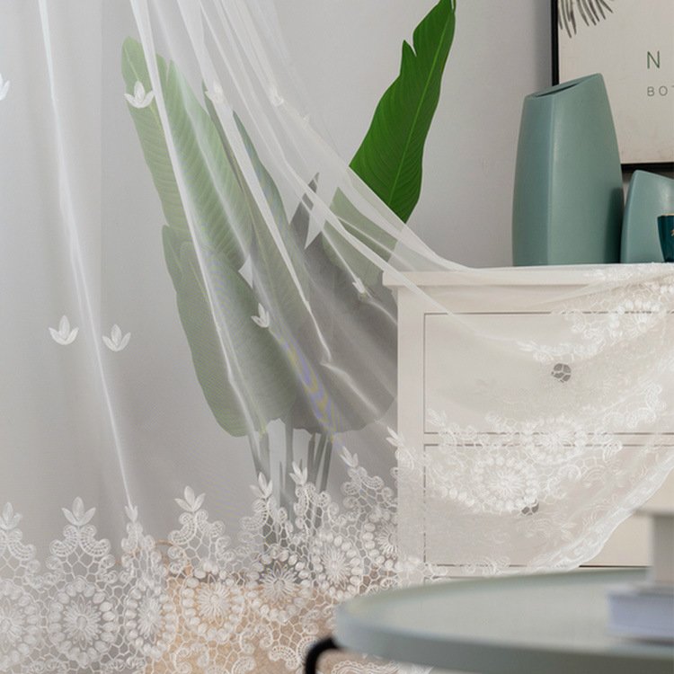 Nordic simple embroidery white yarn European embroidery curtain lace transparent curtain solid color bedroom living room