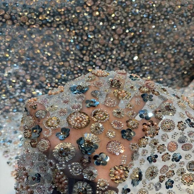 100% Polyester Fabric for Wedding Dresses Hand-sewn Embroidery and Beads Mesh Imported Sewing Worked Fabric
