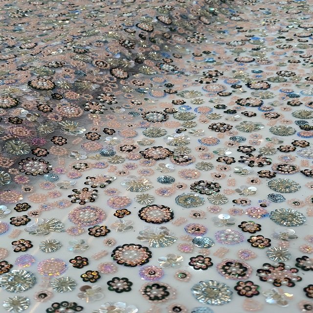 100% Polyester Fabric for Wedding Dresses Hand-sewn Embroidery and Beads Mesh Imported Sewing Worked Fabric