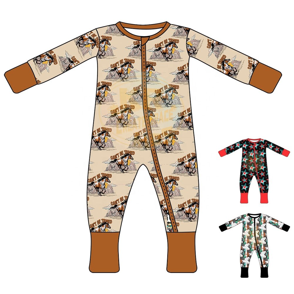 Custom Bamboo Organic Cotton Fantastic 95% Bamboo 5% Spandex Zipper Romper Long Sleeve Print Baby Clothing Zipper Jumpsuit