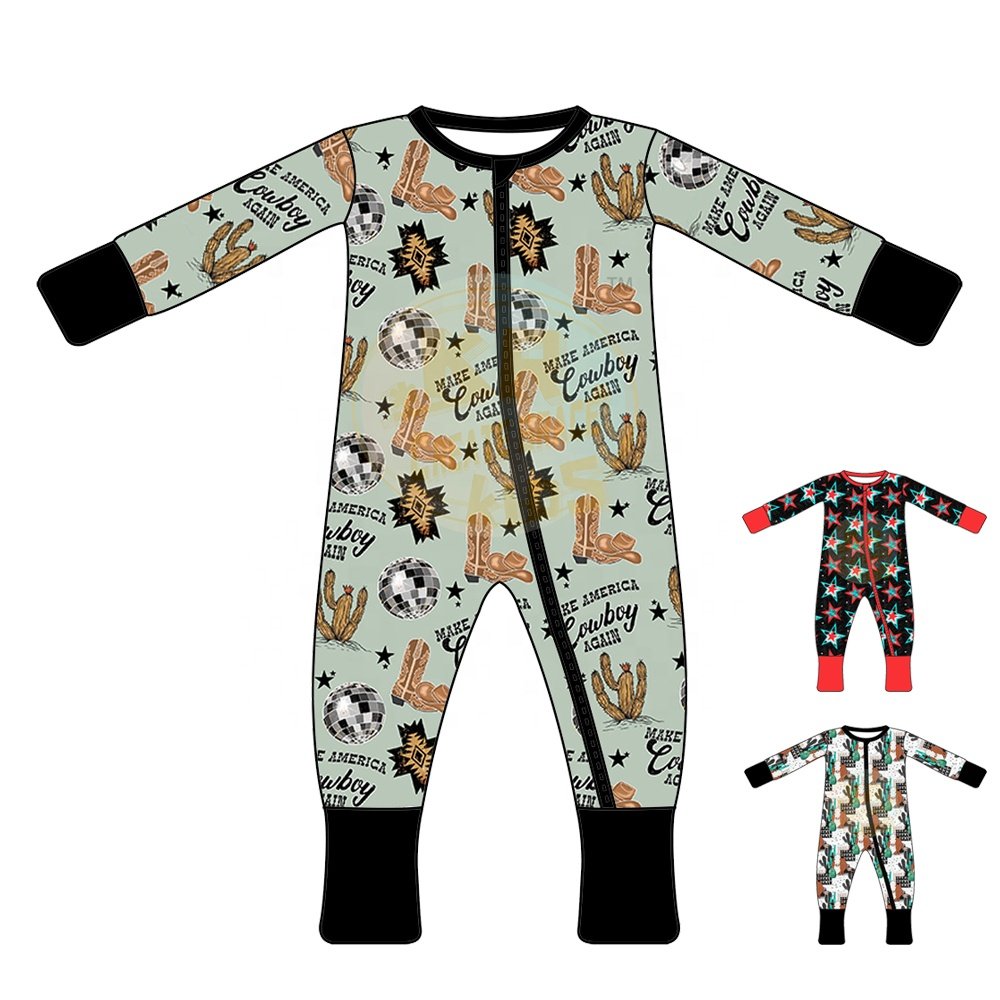 Custom Bamboo Organic Cotton Fantastic 95% Bamboo 5% Spandex Zipper Romper Long Sleeve Print Baby Clothing Zipper Jumpsuit