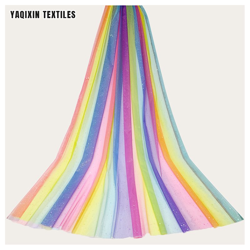 Beautiful Textile Polyester Color Transition Rainbow Soft Tulle Fabric with Silvery Glitters Sparkles