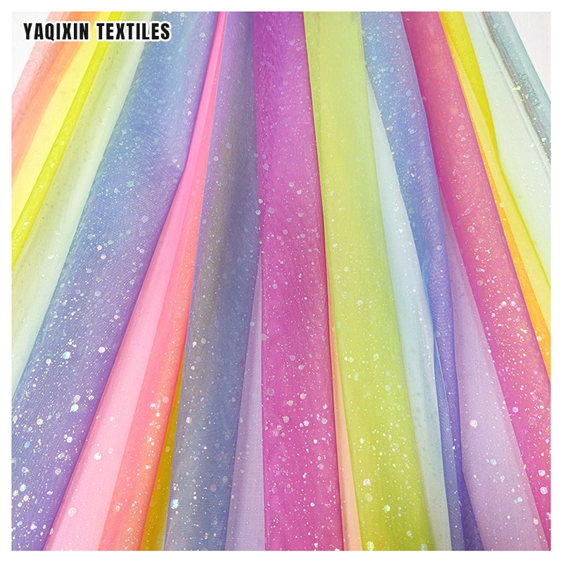 Beautiful Textile Polyester Color Transition Rainbow Soft Tulle Fabric with Silvery Glitters Sparkles