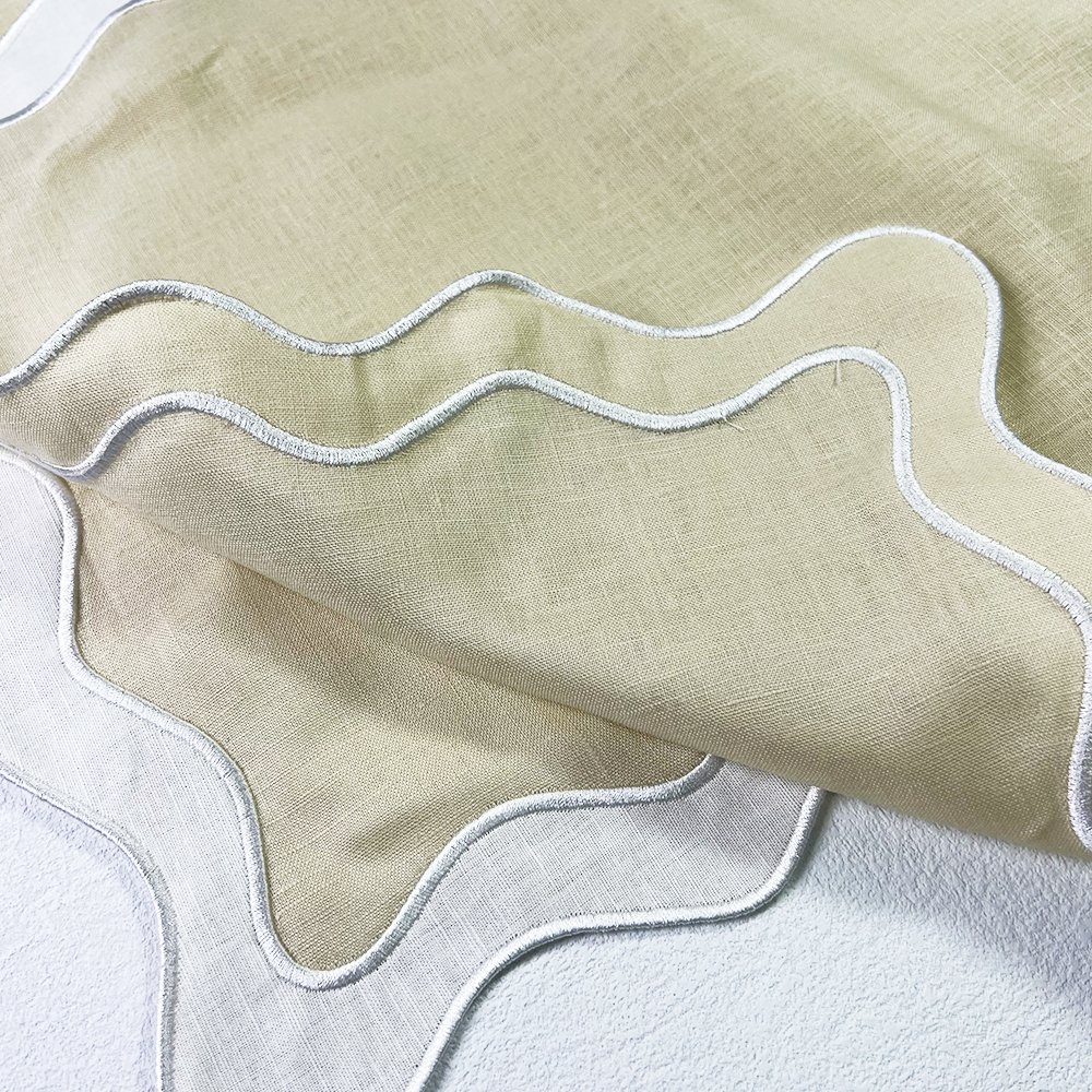 Double Scalloped edge 100% Linen napkins Embroidered monogram Cotton Linen napkin fabric custom LOGO placemats for wedding