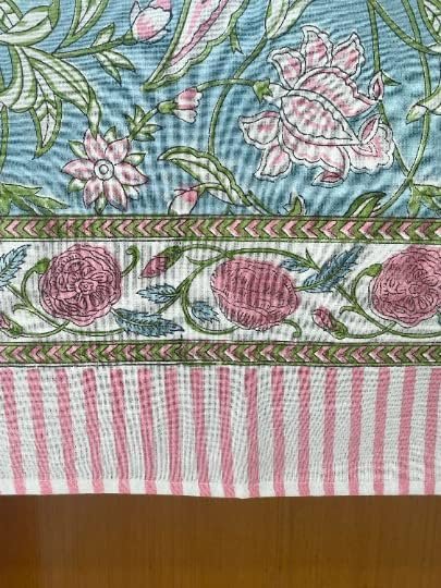 Trending Mint Green Pink And White Indian Hand Block Printed Tablecloth Floral 100% Cotton Table Covers For Events