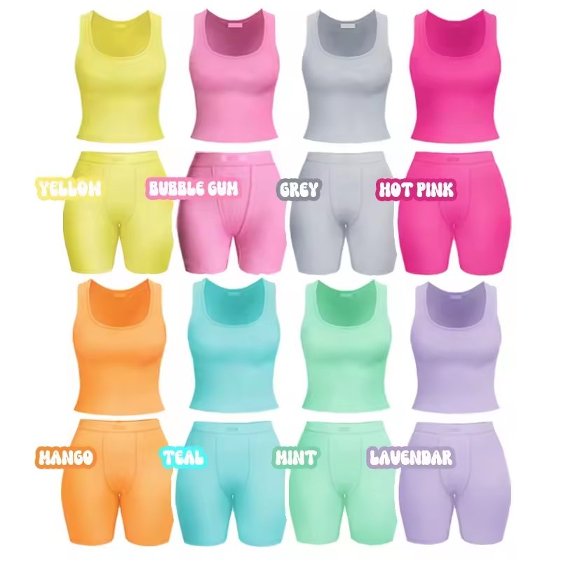 Summer women Custom LOGO brand dupe 95% cotton 5% spandex o-neck rib fabric short linen 2 piece set lounge wear pyjama set