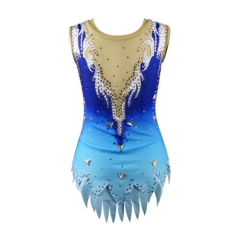 professional leotard fabric jumpsuit competition gymnastics dark blur leotards for girls sublimated fringe tassel costume