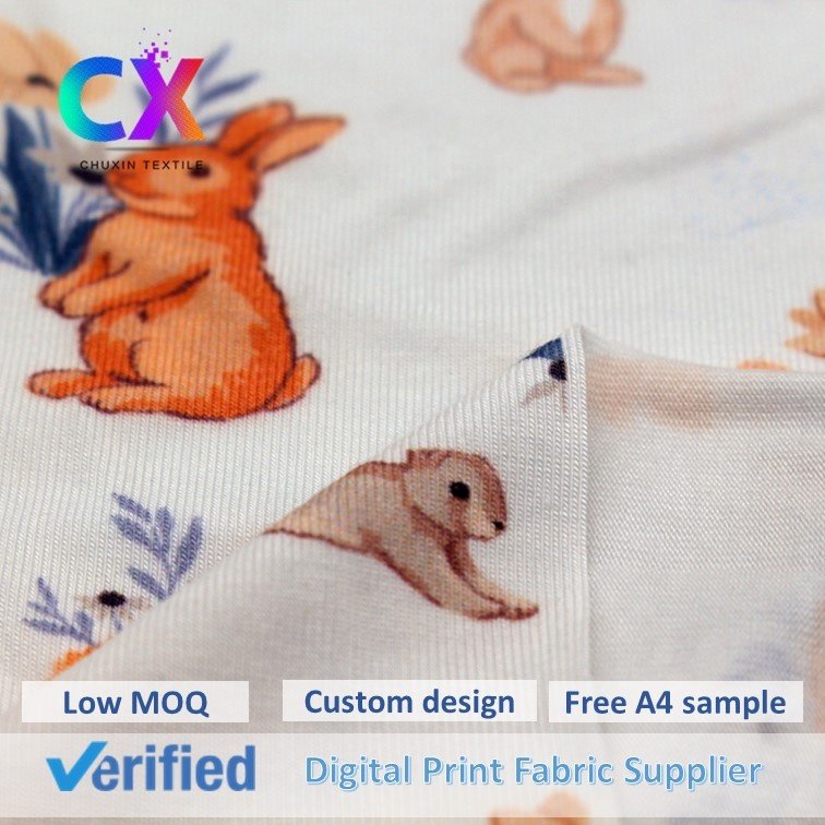 High quality custom soft stretch jersey cute animal rabbit digital printing knitted spandex bamboo fiber fabric for baby clothes
